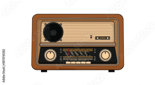 Vintage radio receiver illustration, retro wooden radio with dials and speaker