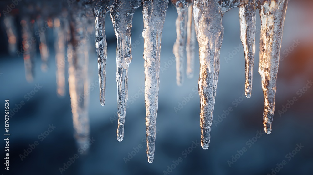 Fototapeta premium Sunlit icicles hang, their crystalline forms shimmering against a blurred winter background. A dance of light and ice, capturing the fleeting beauty of frozen water.