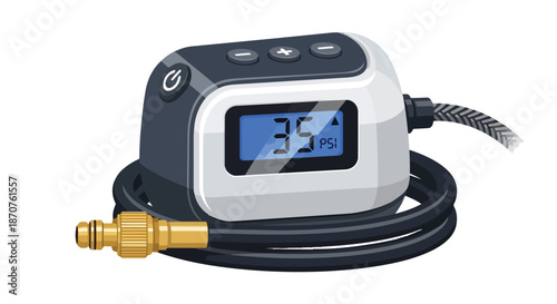 Portable digital tire inflator with PSI display and air hose on white background
