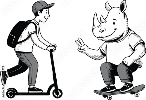 Boy on kick scooter and rhino on skateboard vector, fun active characters hand drawn sketch