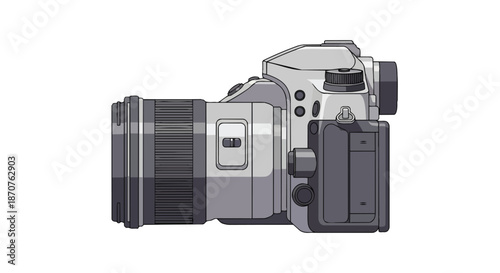 Pixel art DSLR camera illustration, side view of photography equipment on white