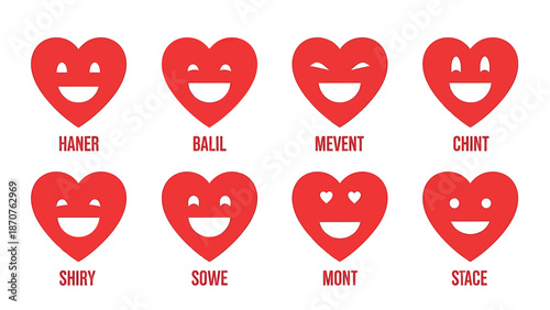 Eight red hearts with different facial expressions and names.