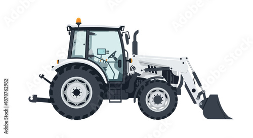 Modern White Tractor with Front Loader Isolated Vector Illustration