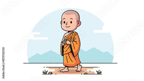 A cheerful cartoon Buddhist monk with a shaved head walks barefoot across a path, radiating innocence and a lighthearted spiritual journey.