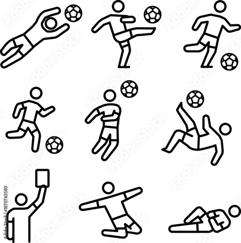 Soccer player stickman icons set. Vector pictograms including bicycle kick, goalkeeper, shooting, dribble, header, referee, foul and celebration. Simple black line art for football match.
