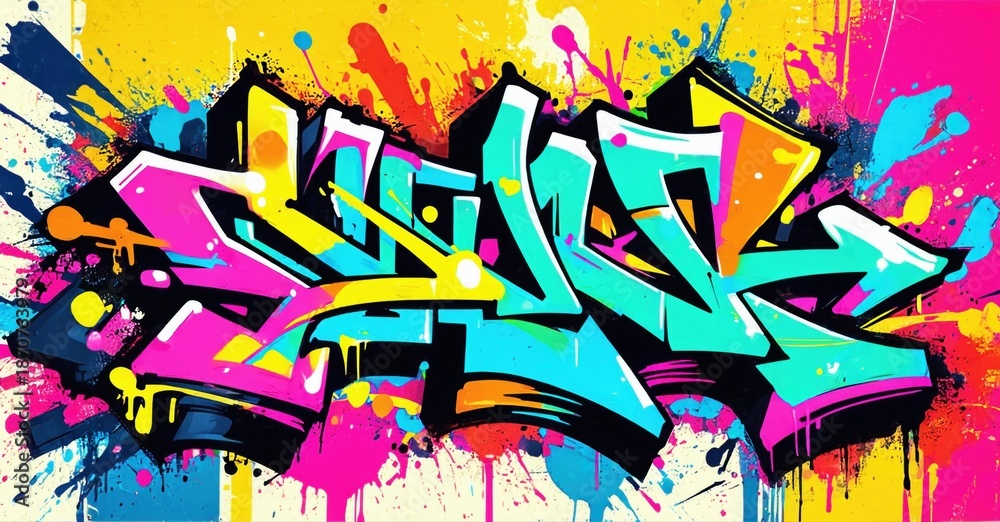 Fototapeta premium Vibrant graffiti artwork features bold lettering, dynamic splashes, bright colors. Energetic street style expression dominates composition.