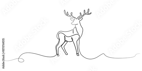 Hand drawn line illustration of an antlered deer standing calmly, drawn in a continuous single line style for wildlife, nature, and minimalist animal illustration concepts.