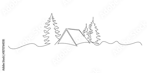Hand drawn line illustration of a camping tent with pine trees, drawn in a continuous single line style for outdoor adventure, camping, and nature illustration concepts.