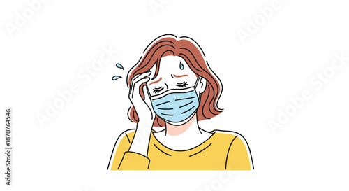 Ill woman wearing a blue medical face mask looks distressed while touching her forehead with sweat drops suggesting a headache or fever.
