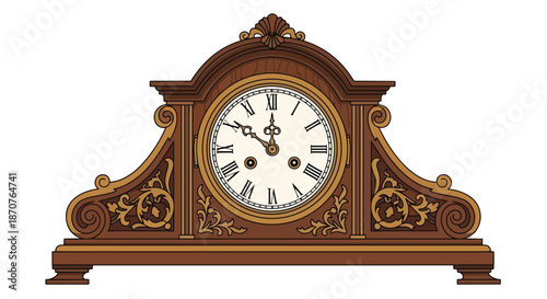 Ornate antique wooden mantel clock with roman numerals, isolated on white background