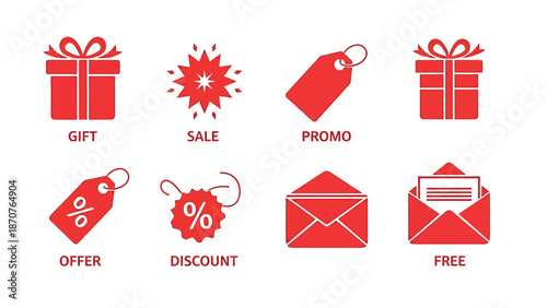 Set of red icons for promotional marketing and sales.