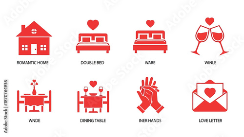 Valentine's Day icons set with red symbols for love and romance.