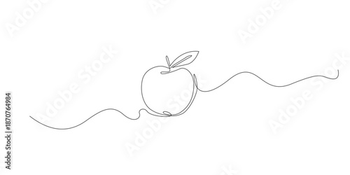 Hand drawn line illustration of an apple fruit with leaf, drawn in a continuous single line style for food, healthy nutrition, and natural product illustration concepts.