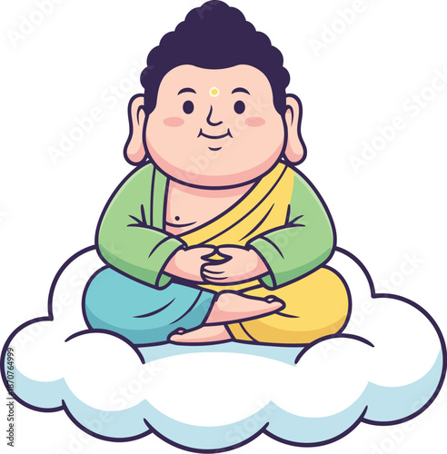 A cute cartoon baby Buddha with chubby cheeks sits peacefully in meditation on a soft white cloud, radiating innocence and divine tranquility.