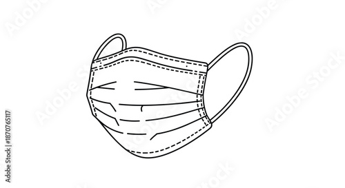 Simple black and white line drawing of a disposable protective medical face mask used for health safety and disease prevention.