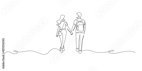 Hand drawn line illustration of a man and woman walking hand in hand, drawn in a continuous single line style for relationship, romance, and human connection concepts.