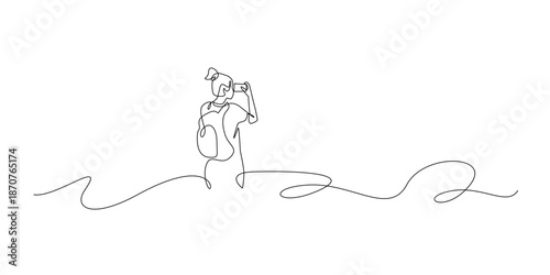 Hand drawn line illustration of a woman taking photos with a smartphone, drawn in a continuous single line style for modern lifestyle, technology, and daily activity concepts.