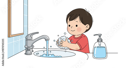 Cute young boy diligently washing his hands with soap at a bathroom sink to maintain hygiene and protect himself from germs.