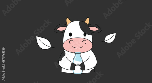 Adorable cartoon cow holding a glass bottle of milk with floating leaves on a dark background for dairy product promotion.