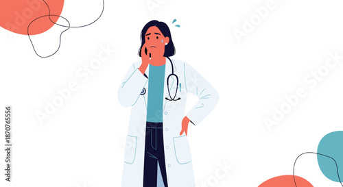 Concerned female doctor in a white coat talking on a mobile phone with a worried expression against a decorative abstract background.