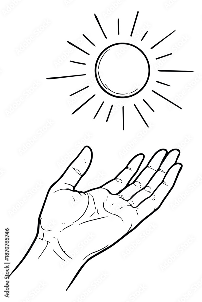 Obraz premium Hand drawn line art illustration of a hand and sun depicting hope and natural energy for environmental themes