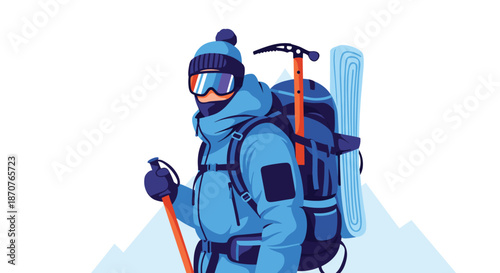 Professional mountain climber in blue winter gear with a backpack, goggles, and an ice axe ready for a snowy mountain expedition.