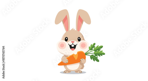 Adorable brown and white cartoon rabbit smiling and holding a large orange carrot with green leaves on its lap.