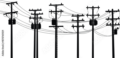 Silhouette of utility poles with electrical transformers, power lines, crossarms, insulators, ladder access, urban infrastructure network, electricity distribution system illustration
