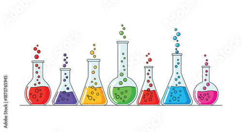 Row of various laboratory glass flasks containing colorful bubbling chemical liquids representing science, research, and experimentation.
