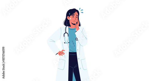 Female doctor in a white coat looking worried and confused while touching her face and pondering a difficult medical case.