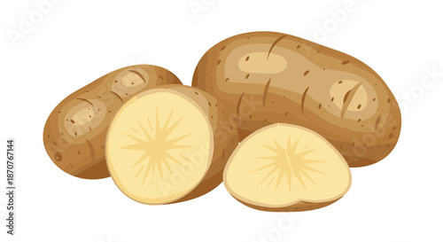 Group of raw organic potatoes with one potato sliced in half to show the fresh yellow interior on a white background.