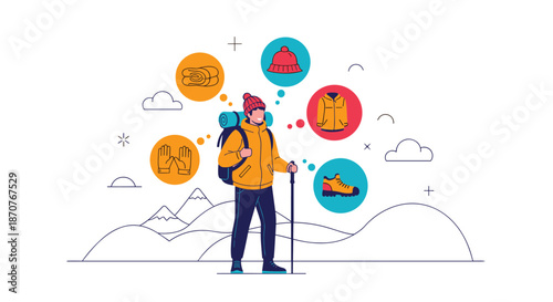Adventurous hiker standing in mountains with icons displaying essential winter gear like a hat, gloves, and jacket.