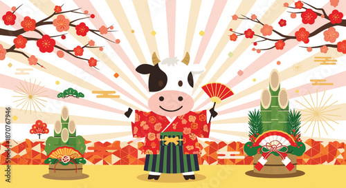 Cute cartoon cow character wearing a traditional red kimono celebrating Japanese New Year among cherry blossoms.