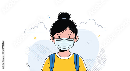 Portrait of a young schoolgirl wearing a protective surgical face mask for safety against a soft blue sky background.