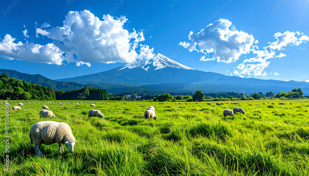Fototapeta premium 白い雲と富士山を背景にした羊の放牧風景