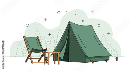 Peaceful camping site with a green canvas tent, a wooden folding chair, and a small table in a quiet forest setting.
