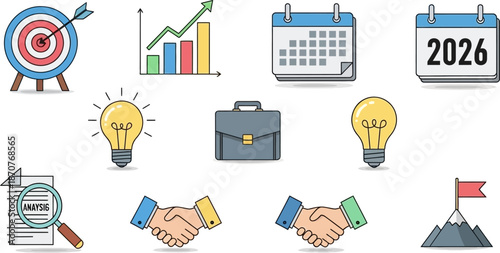 Collection of Business and Strategy Icons Featuring Targets, Graphs, Calendars, Lightbulbs, Briefcases, Handshakes, and Flags, Representing Planning and Success