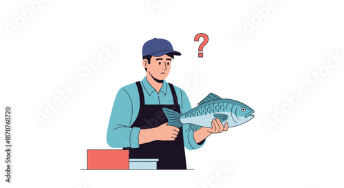 Confused man wearing a cap and apron holds a large fish while a red question mark floats above his head in a simple illustration.