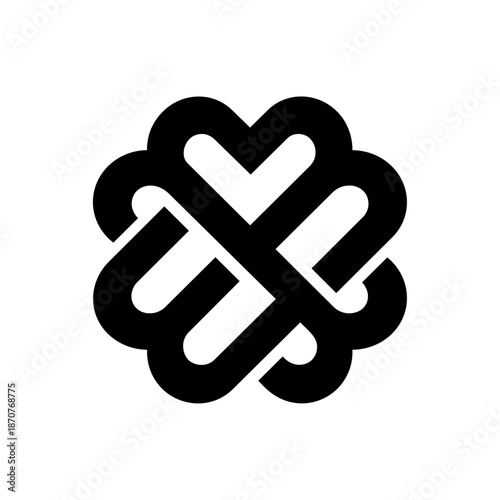 Interwoven knot-like form with rounded paths creating a continuous loop, representing connection, unity, cooperation, and endless continuity.