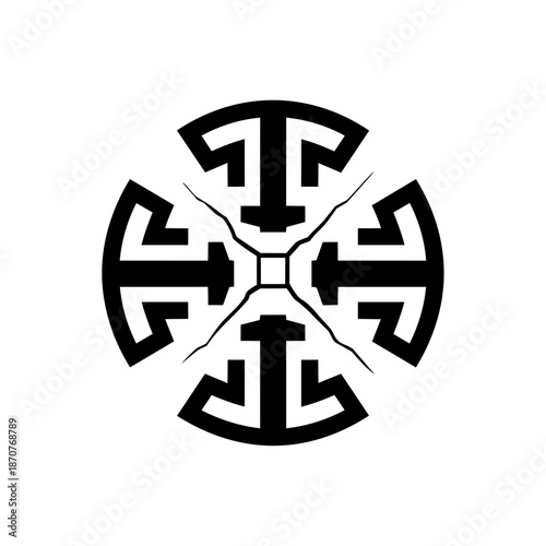 Geometric emblem with fractured symmetry representing disruption, contrast, resilience, and transformation, suitable for concepts of change, conflict, tension, or breaking patterns.
