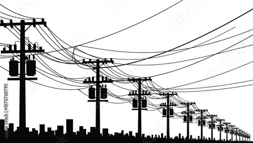Urban city skyline silhouette with utility poles, electrical transformers, power lines perspective, infrastructure illustration, black and white vector art design