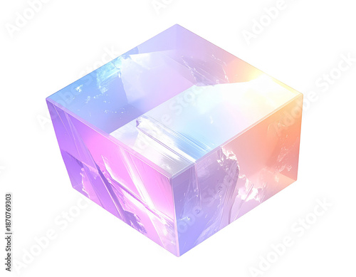 Gem-like cube reflecting rainbow light on a black background