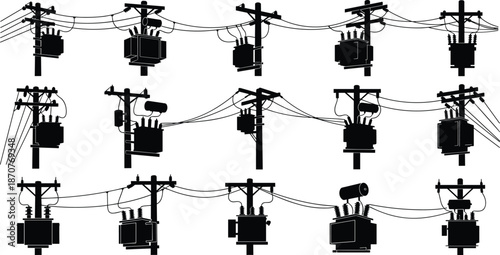 Utility pole silhouette vector illustration, electrical transformer design, power 