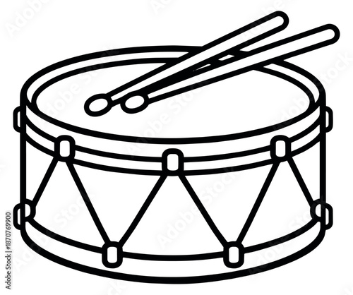 Line art illustration of a drum with drumsticks depicting a musical instrument for rhythm and sound