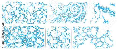 Abstract blue and white fluid patterns with organic cellular and swirling shapes for modern design and backgrounds