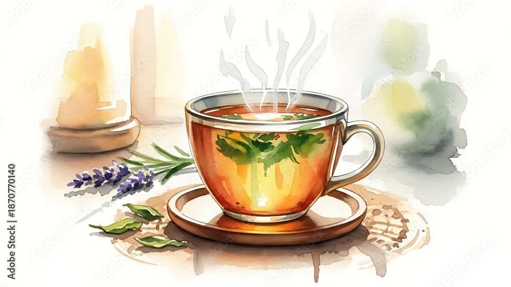 Fototapeta premium Watercolor illustration of a warm cup of herbal tea with gentle steam