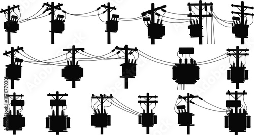 Utility pole silhouettes vector illustration, electrical infrastructure designs, transformer and power line configurations, urban energy distribution elements, black silhouette collection artwork