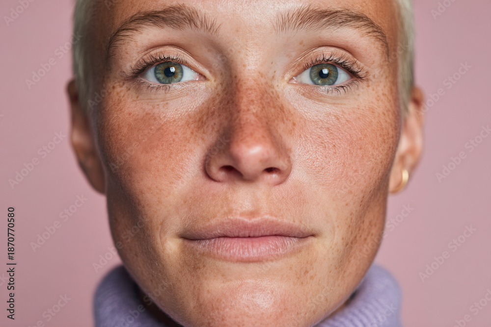 Obraz premium Woman with light skin and short hair poses against a pink background looking directly at the camera