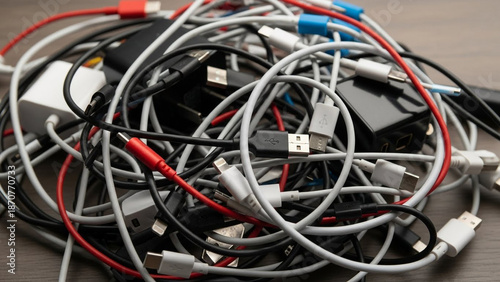 Tangled mess of colorful charging cables and adapters on wooden surface