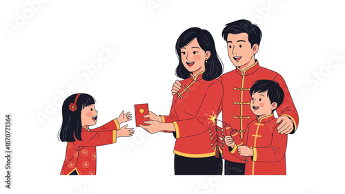 Chinese family celebrating Lunar New Year with red envelopes. Lunar New Year Vector Illustration. EPS Editable
